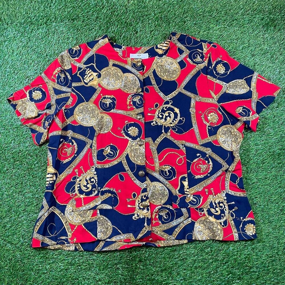 Worthington vintage ornate button up blouse red gold and navy monogram print 18W